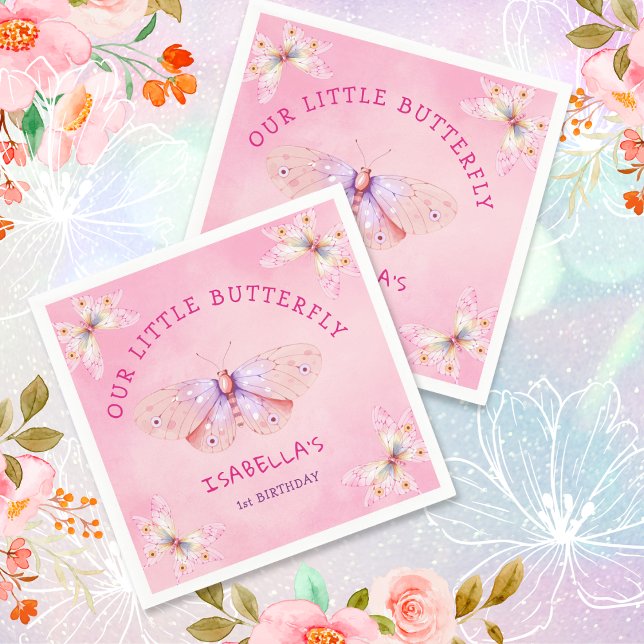 Servilleta De Papel Chica del tema de la mariposa rosada Pastel primer (Pastel Pink Butterfly Theme Girl's 1st Birthday Napkins
)