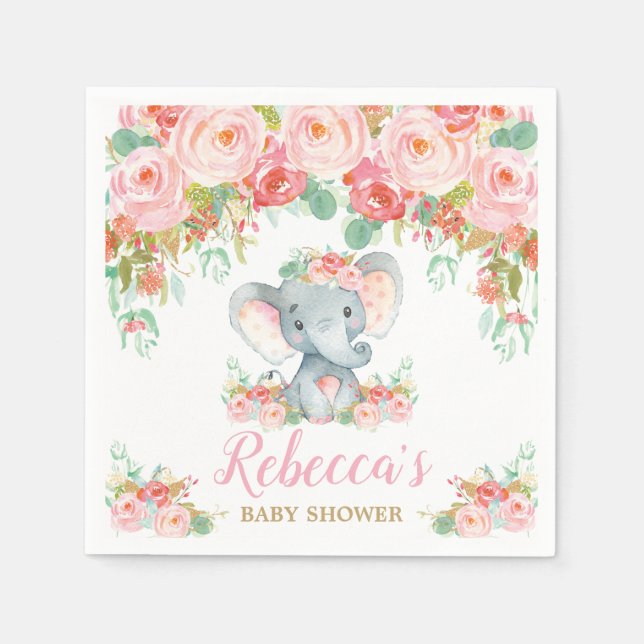 Servilleta De Papel Chica floral elefante Baby Shower rosa Rubor peque (Anverso)