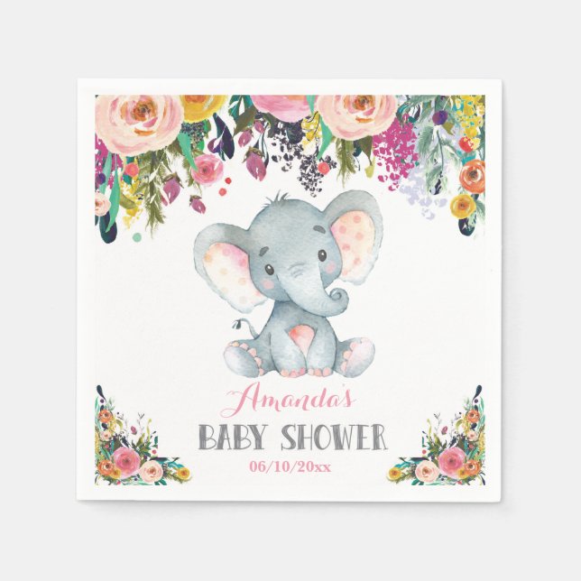 Servilleta De Papel Chica floral Elephant Baby Shower Napkins rosa (Anverso)