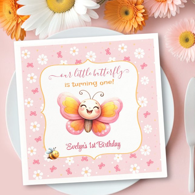 Servilleta De Papel Chica floral rosa de mariposa cúrcuta Primer cumpl (Cute Butterfly Pink Floral Girl 1st Birthday Napkins)
