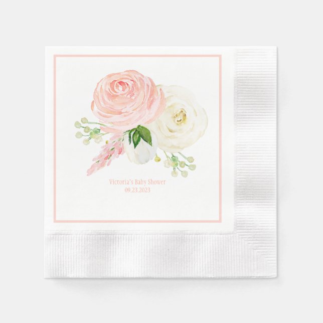 Servilleta De Papel Chica floral rosado Nombre acuarela Fecha Baby Sho (Anverso)