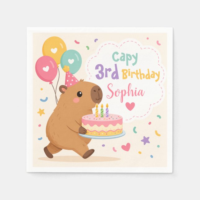 Servilleta De Papel Chica linda de capybara Pastel rosa de cumpleaños  (Anverso)