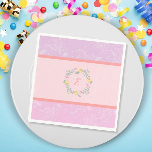Servilleta De Papel Chica Pastel Rosa y Lavender Monograma Floral Niño (Subido por el creador)