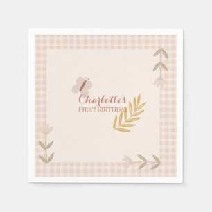 Servilleta De Papel Chica Pink Gingham Wildflowers Mariposa