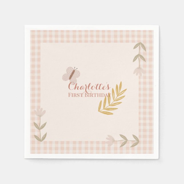 Servilleta De Papel Chica Pink Gingham Wildflowers Mariposa (Anverso)