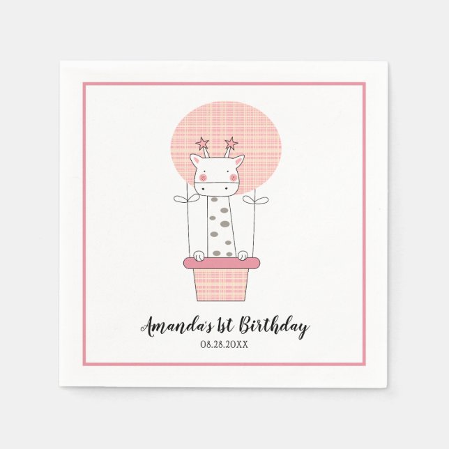 Servilleta De Papel Chica Primer cumpleaños Giraffe Fiestas Napkins (Anverso)