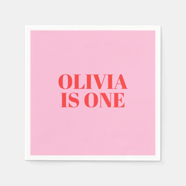 Servilleta De Papel Chica Primer cumpleaños rosa y rojo moderno (Anverso)