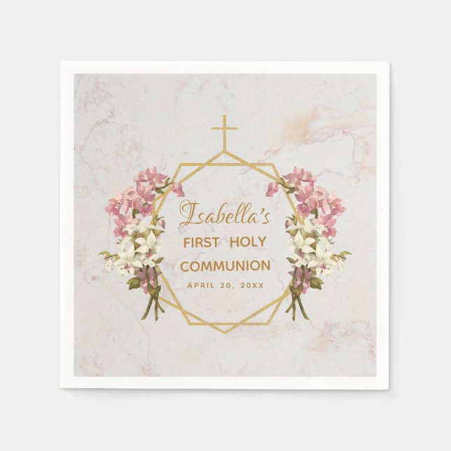 Servilleta De Papel Chica Primera Comunión Marble Gold Cross Orquídea  (Anverso)