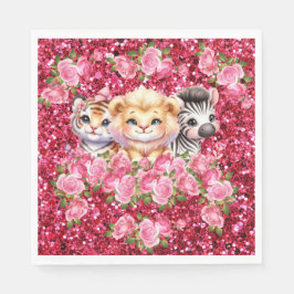 Servilleta De Papel Chica Purpurina rosa Baby Shower Animales salvajes