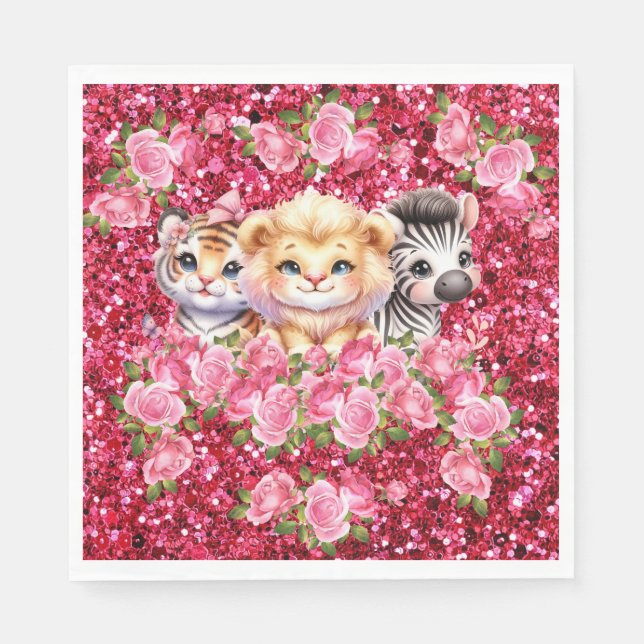 Servilleta De Papel Chica Purpurina rosa Baby Shower Animales salvajes (Anverso)