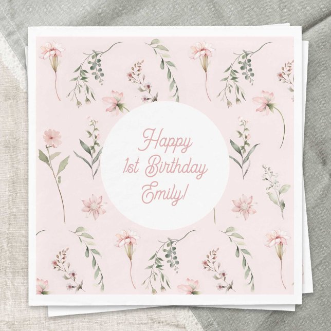 Servilleta De Papel Chica Rosa 1ᵉʳ cumpleaños Flor silvestre y vegetac (Watercolor Wildflower, Pink baby Girl 1st BIrthday paper napkins.)
