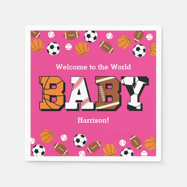Servilleta De Papel Chica rosa de Baby Shower deportivo (Anverso)