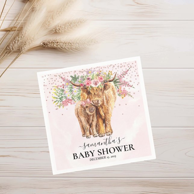Servilleta De Papel Chica rosa Floral Highland Cow Calf Baby Shower (Subido por el creador)
