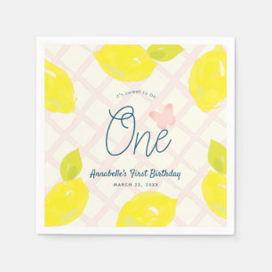 Servilleta De Papel Chica rosa limón pintado a mano Primer cumpleaños