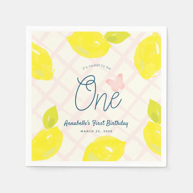 Servilleta De Papel Chica rosa limón pintado a mano Primer cumpleaños (Anverso)