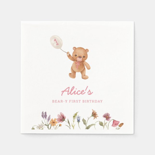 Servilleta De Papel Chica Rosa Teddy Bear Invitación a primer cumpleañ (Anverso)
