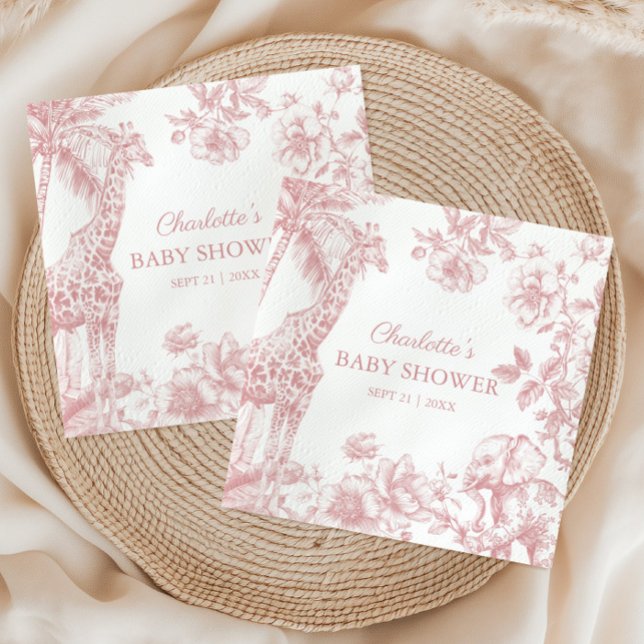 Servilleta De Papel Chica rosa Toile de Jouy Safari Animales Baby Show (Pink Girl Toile de Jouy Safari Animals Baby Shower Napkins)