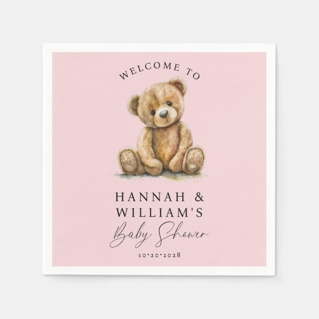 Servilleta De Papel Chica rosado de Oso de Teddy Cute Baby Shower (Anverso)