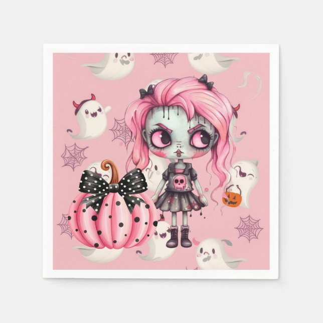 Servilleta De Papel Chica rosado zombi para la fiesta de Halloween (Anverso)