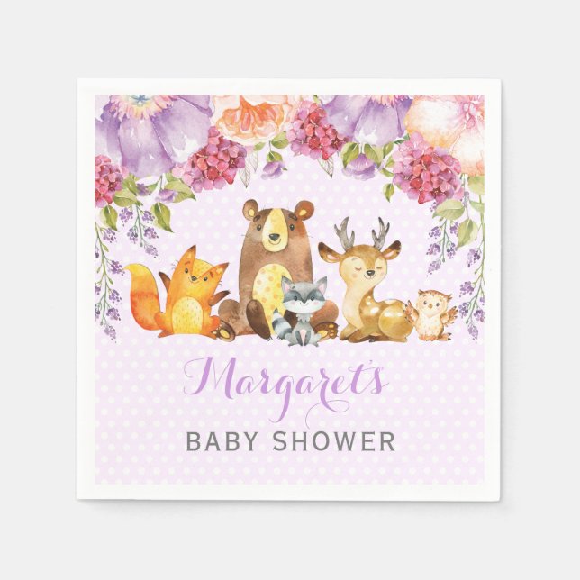 Servilleta De Papel Chica Woodland Animals Purple Floral Baby Shower (Anverso)