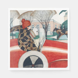 Servilleta De Papel Chica y perro de pug en un automóvil rojo