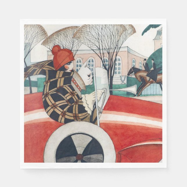 Servilleta De Papel Chica y perro de pug en un automóvil rojo (Anverso)