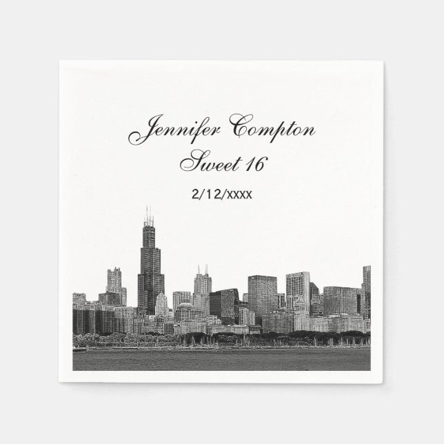Servilleta De Papel Chicago Etched Look Skyline Sweet 16 (Anverso)
