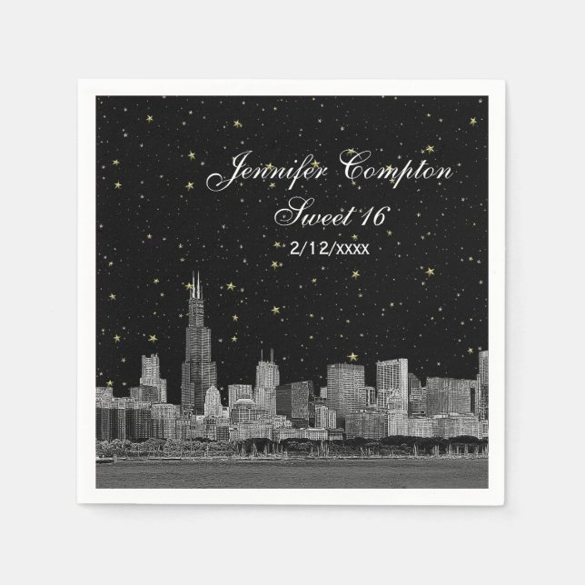 Servilleta De Papel Chicago Skyline Etched Starry DIY BG Sweet 16 (Anverso)