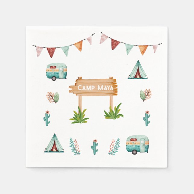 Servilleta De Papel Chicas acampando aventura fiesta de cumpleaños (Anverso)