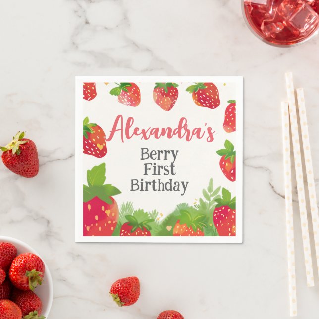 Servilleta De Papel Chicas de Berry First Birday Strawberry personaliz (In situ)