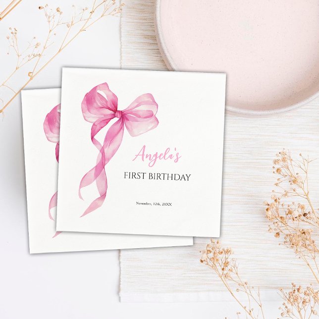 Servilleta De Papel Chicas de Bow Rosado Primer Cumpleaños (Subido por el creador)