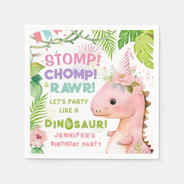Servilleta De Papel Chicas de dinosaurios Papel de cumpleaños rosado (Anverso)