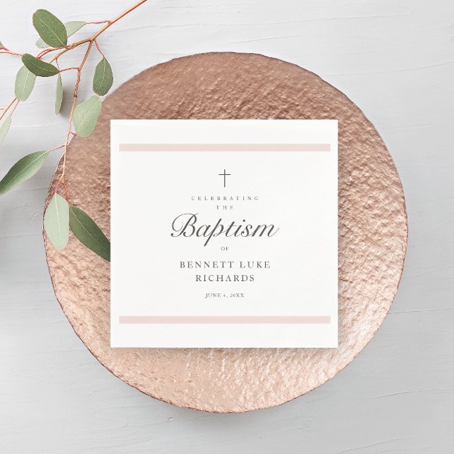Servilleta De Papel Chicas de la elegancia moderna bautismo (Modern girls baptism napkin with simple pink bars, script typography and simple cross. )