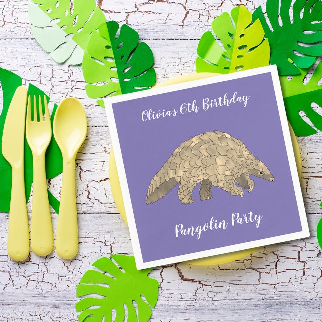 Servilleta De Papel Chicas de la Fiesta de Pangolín Cumpleaños 6 Morad (Cute pangolin wildlife animal art 6th birthday party custom purple paper napkins )