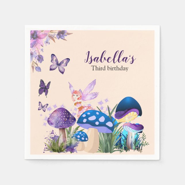 Servilleta De Papel Chicas Fairy Purple Mushroom Butterfly Cumpleaños (Anverso)
