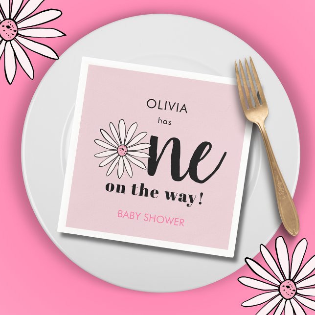 Servilleta De Papel Chicas modernos Baby Shower Daisy Floral (Modern pink baby shower 'One On the Way' floral daisy paper napkins. Matching items available.)