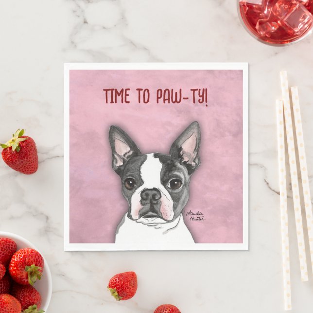 Servilleta De Papel Chicas Pink Birday Party Napkins Boston Terrier (In situ)