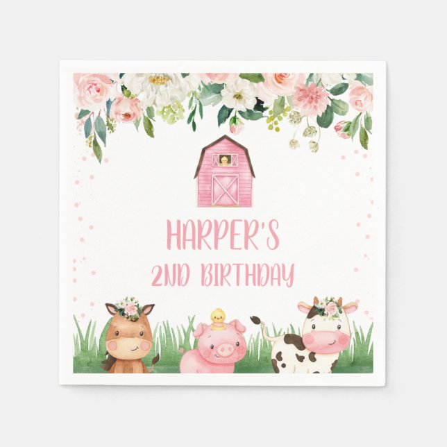 Servilleta De Papel Chicas Pink Floral Farm Birthday Party Napkin (Anverso)