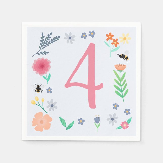Servilleta De Papel Chicas Pink Spring Floral Bee Kids Cumpleaños (Anverso)