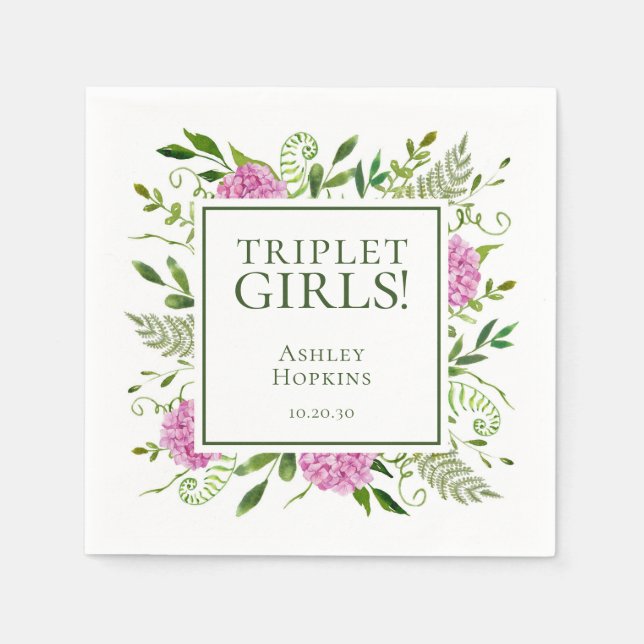 Servilleta De Papel Chicas Triplet Pink Hydrangeas Chica Baby Shower (Anverso)