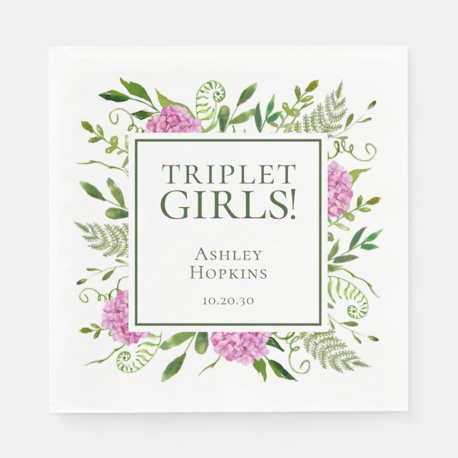 Servilleta De Papel Chicas Triplet Pink Hydrangeas Chica Baby Shower (Anverso)