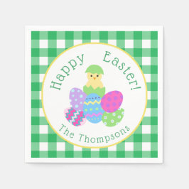 Servilleta De Papel Chick Colored Eggs Green Check Happy Easter Round