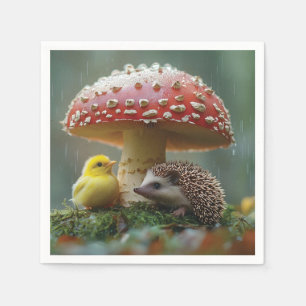 Servilleta De Papel Chick y peto escondiéndose bajo un hongo