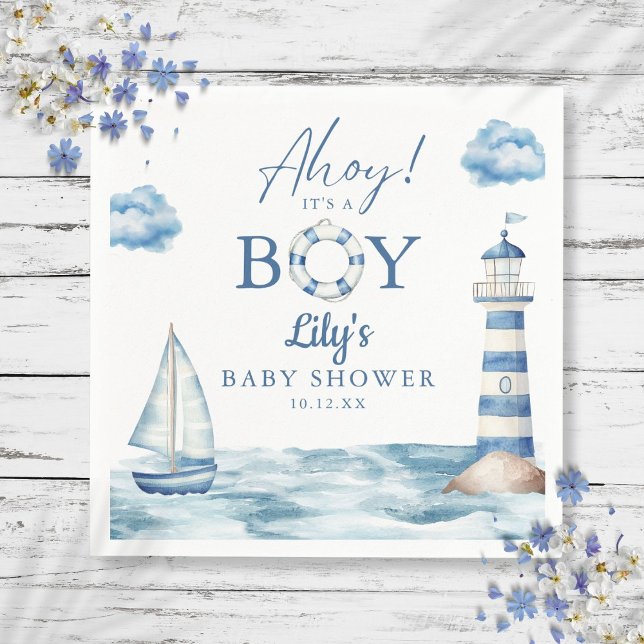 Servilleta De Papel Chico Ahoy Fiesta de Baby Shower Náutica (Ahoy Its A Boy Nautical Baby Shower Napkins)