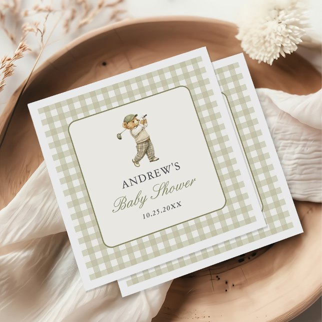 Servilleta De Papel Chico de baby shower de golf con gingham verde (Subido por el creador)