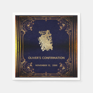 Servilleta De Papel Chico de Confirmación Azul Vintage Cruz Dorada Lib