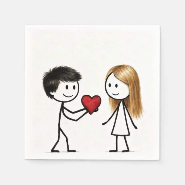 Servilleta De Papel Chico de figura de palo con corazón rojo (Anverso)