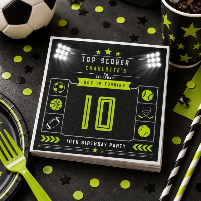 Servilleta De Papel Chicos Cumpleaños 10 Moderno Negro Deportes (Boys Modern Black Sports Kids 10th Birthday Napkins
)