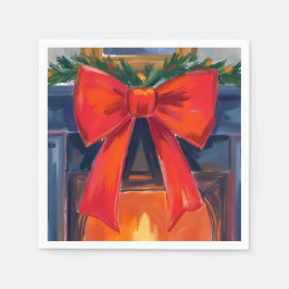 Servilleta De Papel Chimenea de Navidad | Acuarela Alegre con Lazo Roj