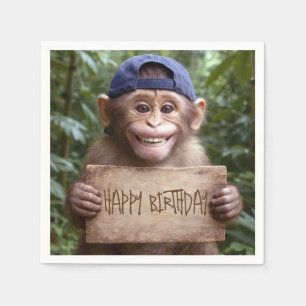 Servilleta De Papel Chimpancé sosteniendo un cartel de Feliz Cumpleaño